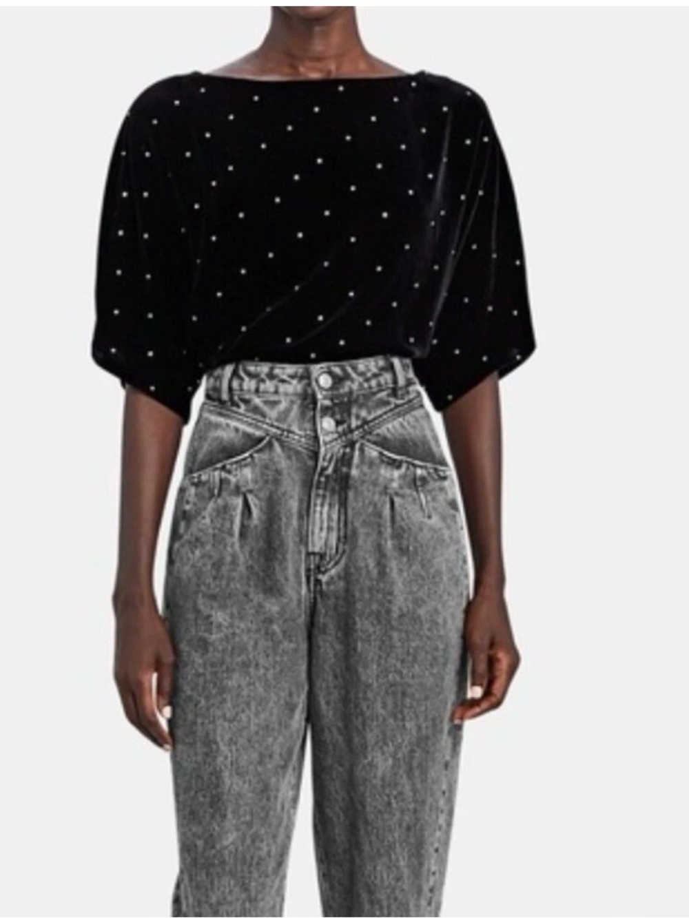 Intermix Hilary Sequin Embroidered Top Short Sleeve Loose Cropped Velvet Black